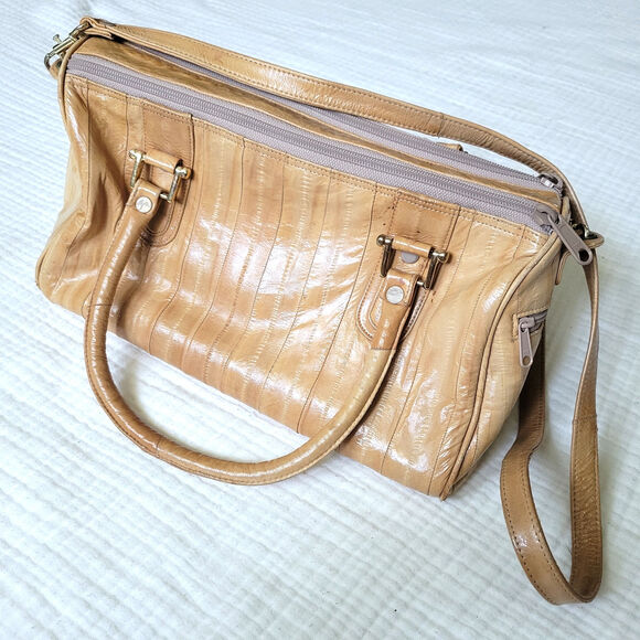 Vintage Eel Skin Leather Purse Beige Tan Made in Korea Shoulder Bag Beige Brown - Picture 1 of 10